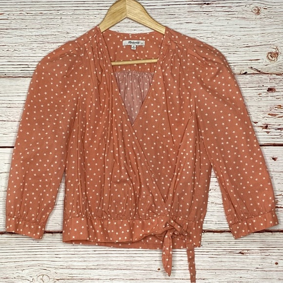 Madewell Wrap Top in Coral Star Scatter Sz L - Picture 10 of 15